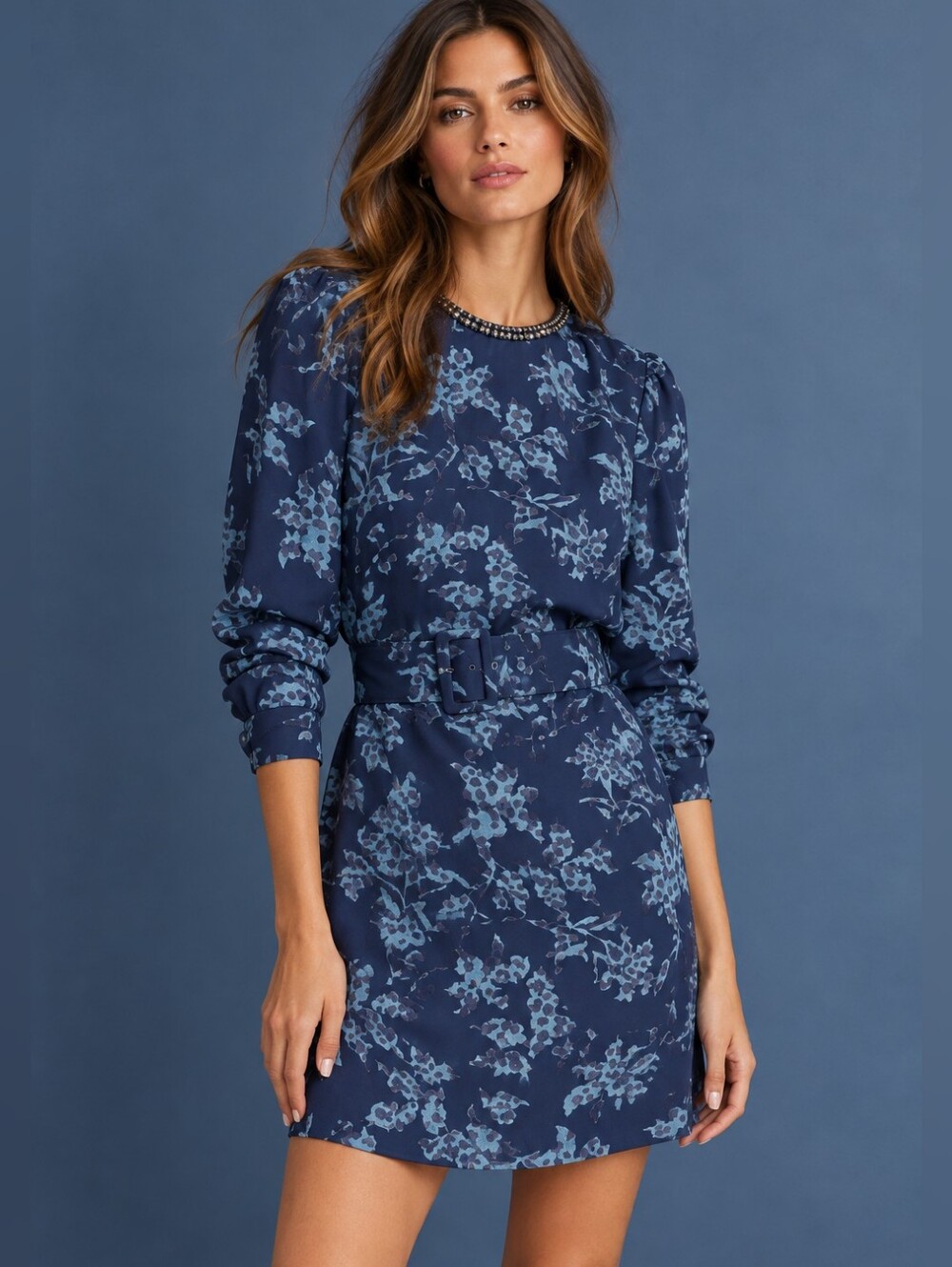 NWT REISS Jeweled Neckline Belted Melody Floral Long Sleeve Mini Dress Size 8